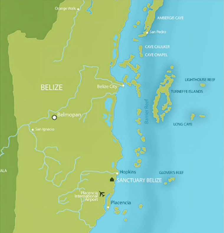 Map of Belize showing location of Sanctuary Belize on the coast, just north of Placencia and Placencia International Airport. Belmopan is to the northwest, and Belize City is to the north.