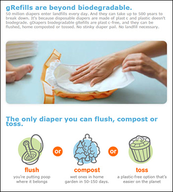 information from product company website indicating biodegradable properties of the diaper liners