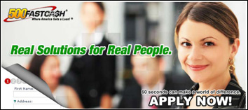 Partial screen shot of 500FastCash payday lending website advertising “real solutions for real people” and “60 seconds can make a world of difference. Apply now."
