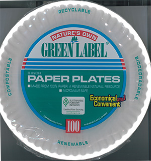 Nature’s Own Green Label Paper Plate manufactured by AJM Packaging Corporation. Package labeling describes product as recyclable, compostable, biodegradable, renewable.