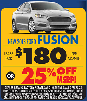 New 2013 Ford Fusion. Lease for $180 per month or 25% off MSRP!