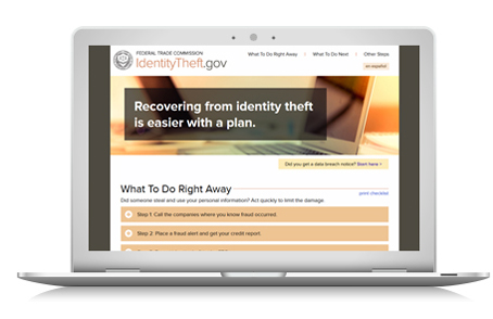 Homepage of website IdentityTheft.gov: recovering from identity theft is easier with a plan.