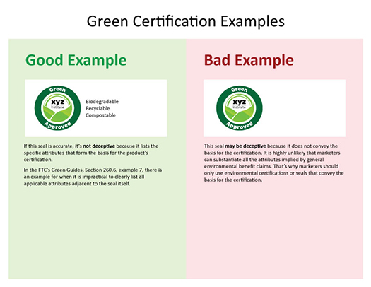  Green approved, biodegradable, recyclable, compostable. If accurate, not deceptive because it lists the attributes forming the basis for the product’s certification. Bad example does not include those attributes and thus does not convey the basis for the certification.