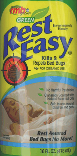  “green, environmentally friendly Rest Easy – kills and repels bed bugs. For organic use. Rest assured, bed bugs no more!” showing a woman asleep in bed.