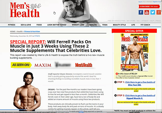 Example fake media website, in this case, Men's Life & Health, featuring supposed celebrity endorsements, in this case, Joe Manganiello, and 
