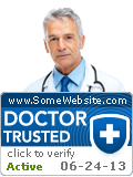 Seal indicating website belonged to “Doctor Trusted” certification program: photo of a doctor, website URL, “click to verify”, and active date.