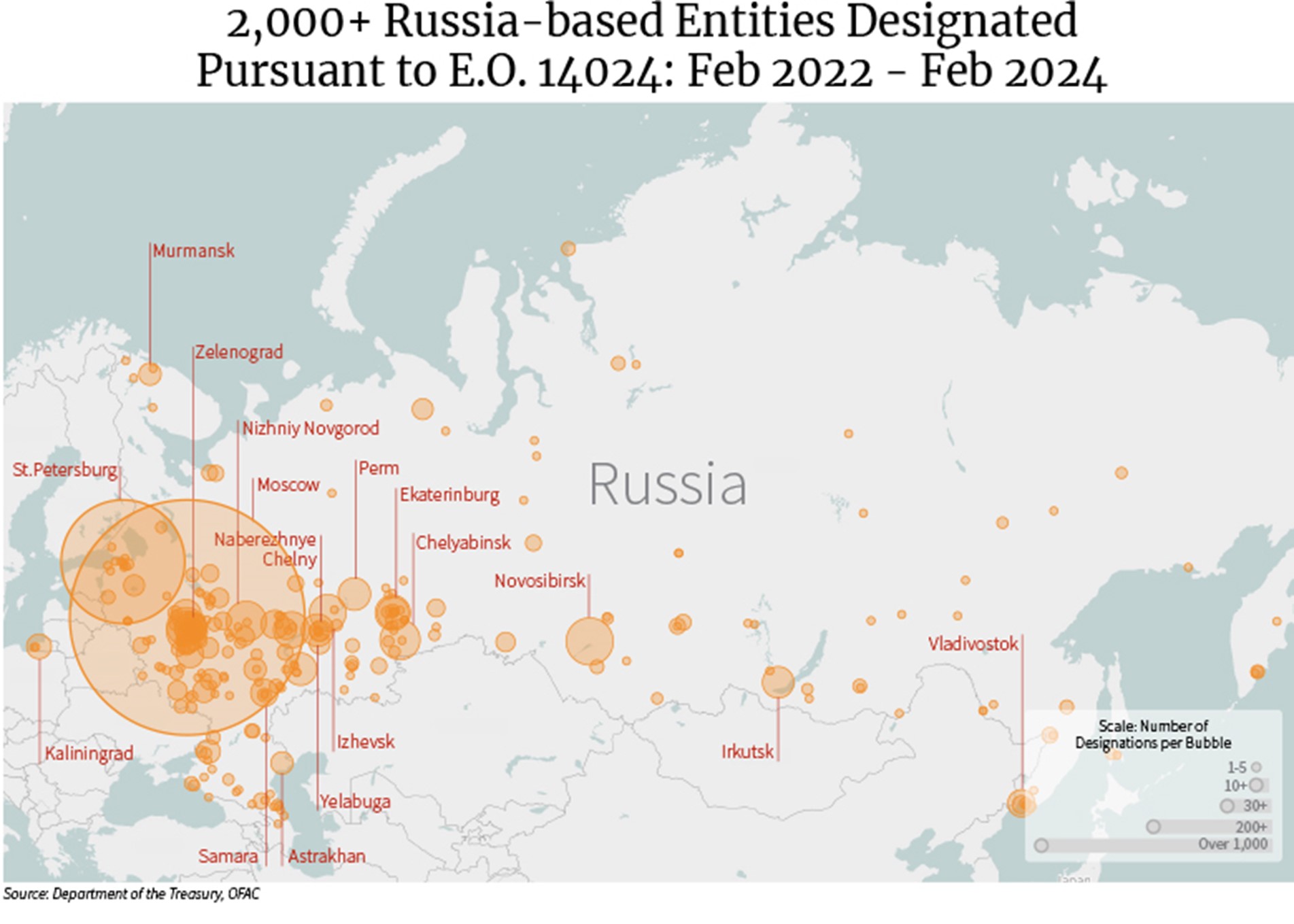 A map displaying the distribution of the 2,000+ Russia-based entities that have been designated pursuant to E.O. 14024 between February 2022 and February 2024
